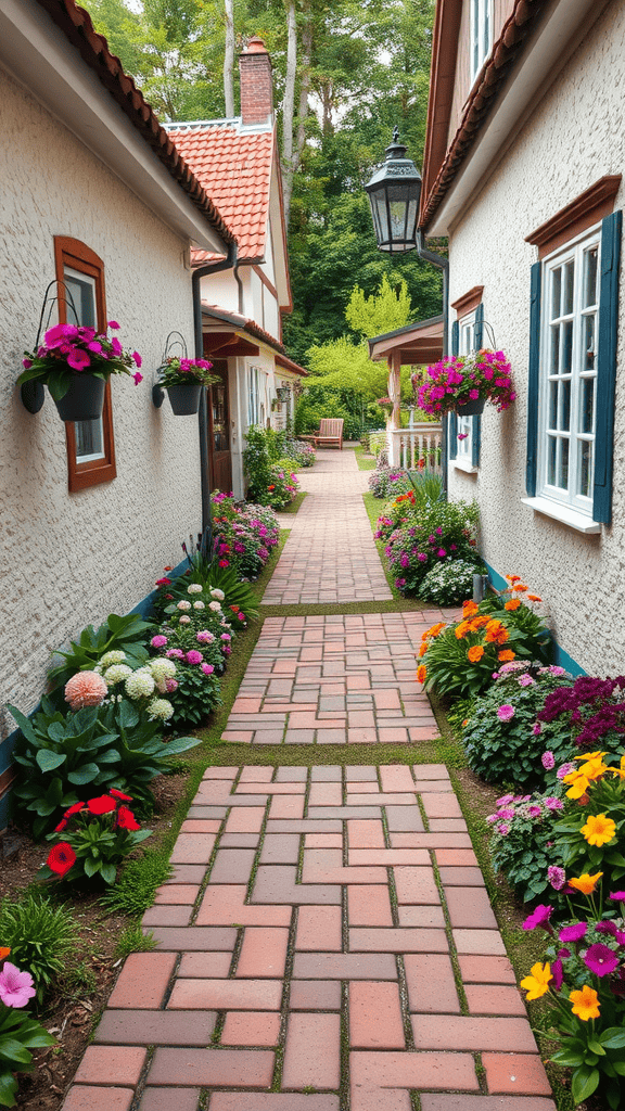 A charming walkway between two cottage-style buildings, lined with colorful flowers.