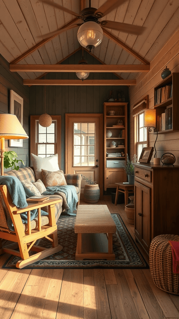 Cozy vintage tiny house living room with wooden accents and soft textiles.