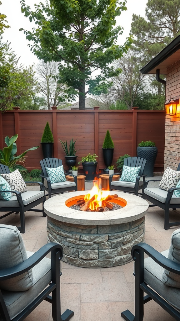 Cozy outdoor fire pit lounge with comfortable seating and greenery