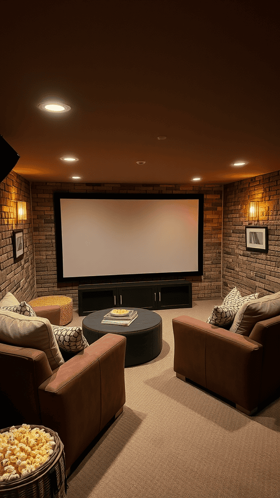 Cozy movie nook with comfortable seating and a large screen, featuring popcorn and a warm atmosphere.