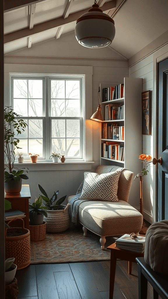 Cozy reading nook in a vintage tiny house with a chair, bookshelves, and plants