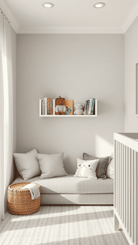 A cozy reading nook with cushions, a small shelf of books, and soft lighting.