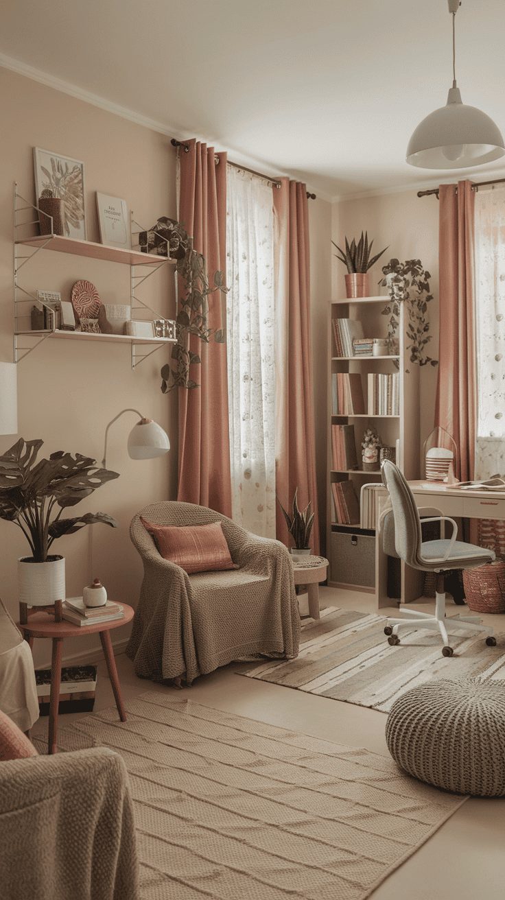 A cozy room featuring soft textiles like a knitted throw, rug, and curtains, creating a warm atmosphere.