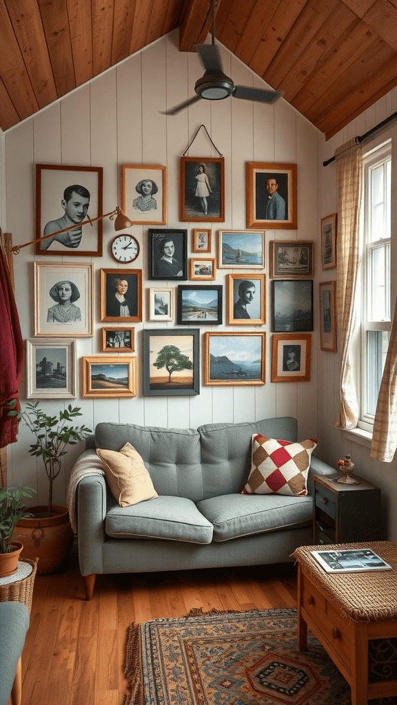 Cozy vintage living room with a gallery wall of framed pictures and art