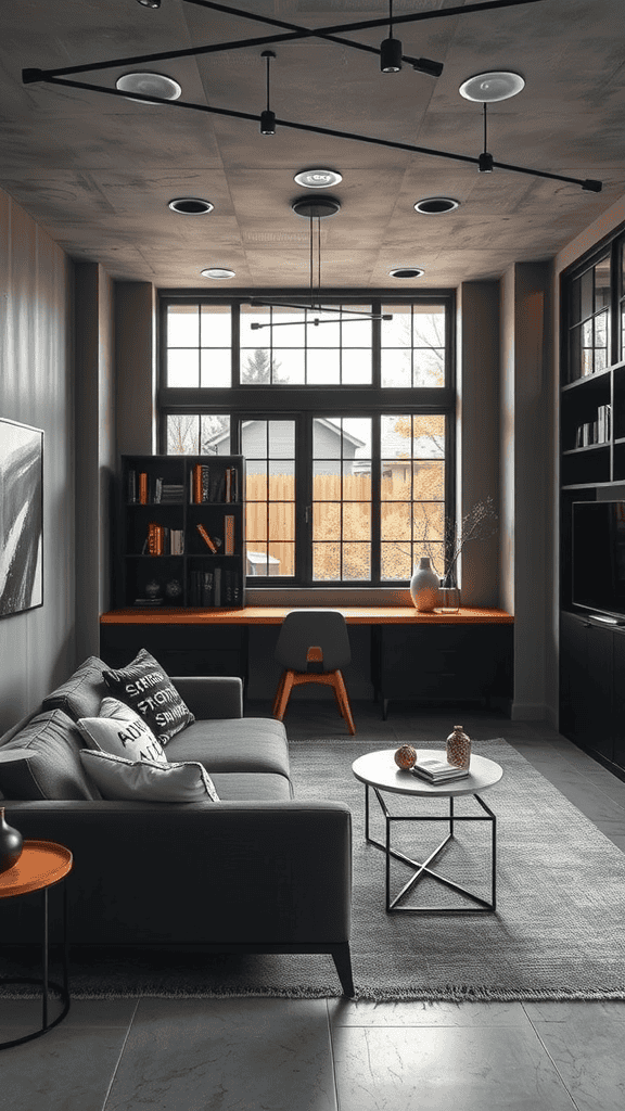 A stylish living room with a sofa, desk, and modern decor.