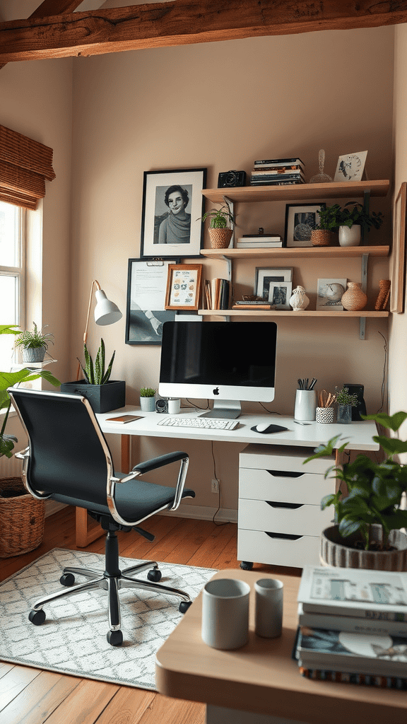 A modern home office with large windows, plants, and a stylish desk.