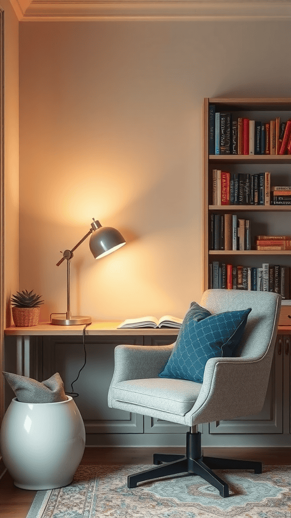 A cozy and stylish corner in a home office with a chair, desk, and bookshelves.