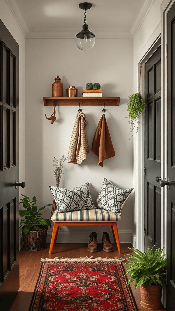 A stylish entryway featuring a desk, plants, and wall art.