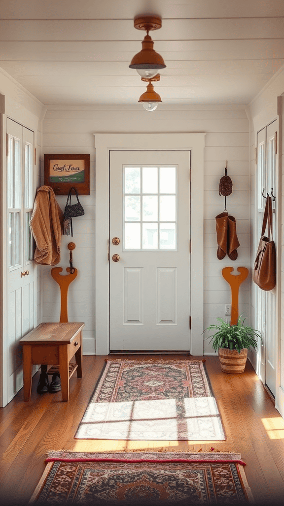 A cozy entryway of a vintage tiny house featuring a welcoming door, wooden bench, and decorative elements.