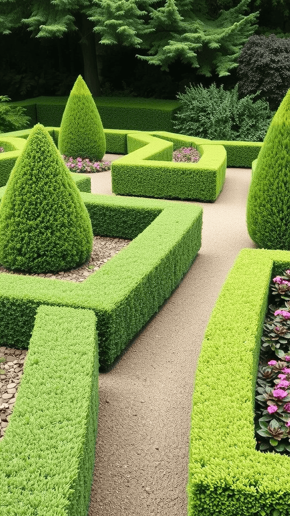 A neatly arranged hedge garden layout with green boxwood hedges and colorful flowers.