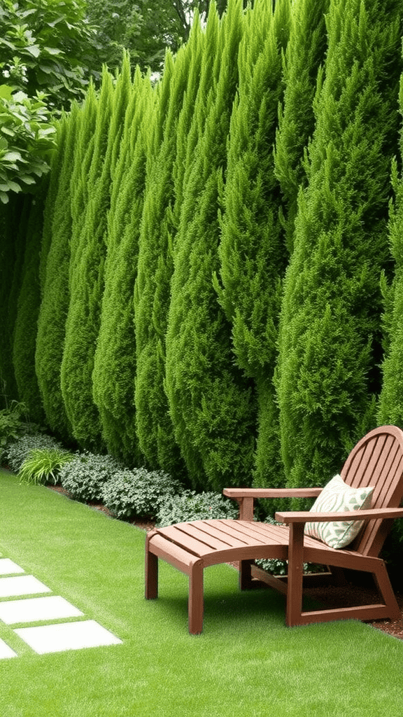 A beautiful row of tall, green hedges providing privacy next to a cozy wooden chair in a well-kept garden.