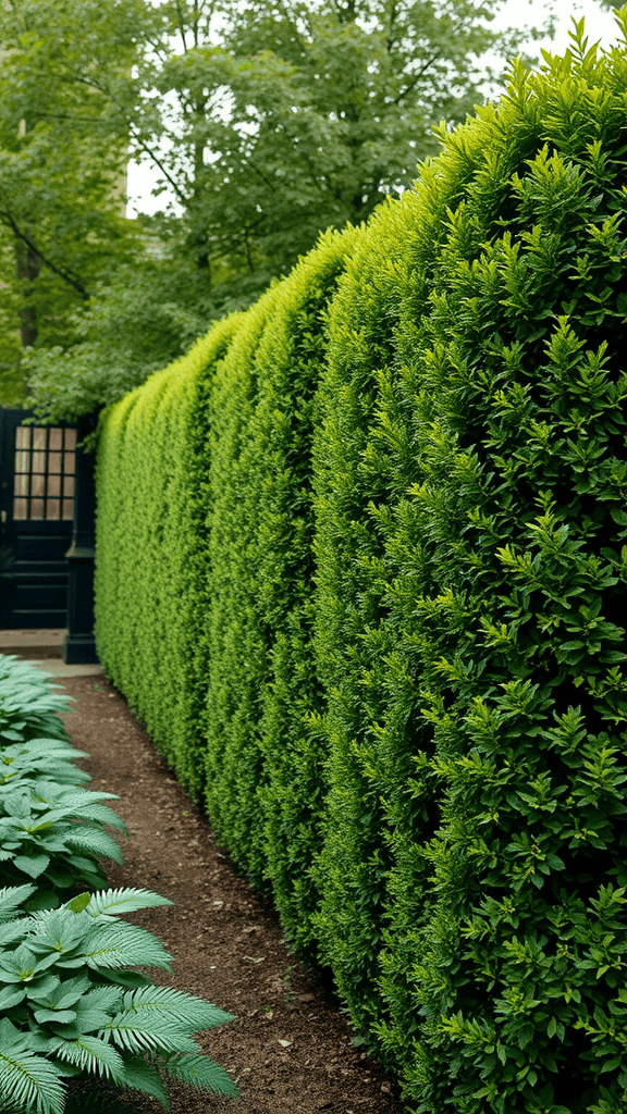 Dense green hedges creating a sound barrier in a garden