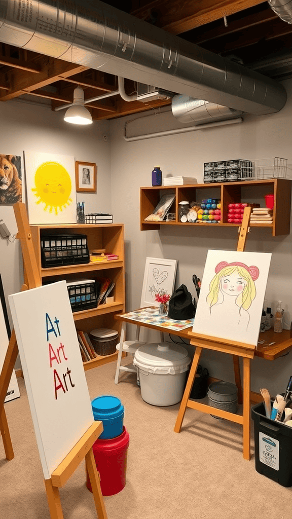 A colorful art and craft station with easels, storage, and various art supplies.