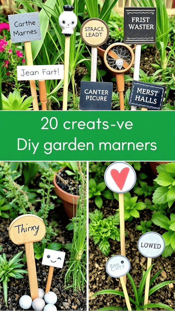 A variety of creative DIY garden markers in a garden setting.