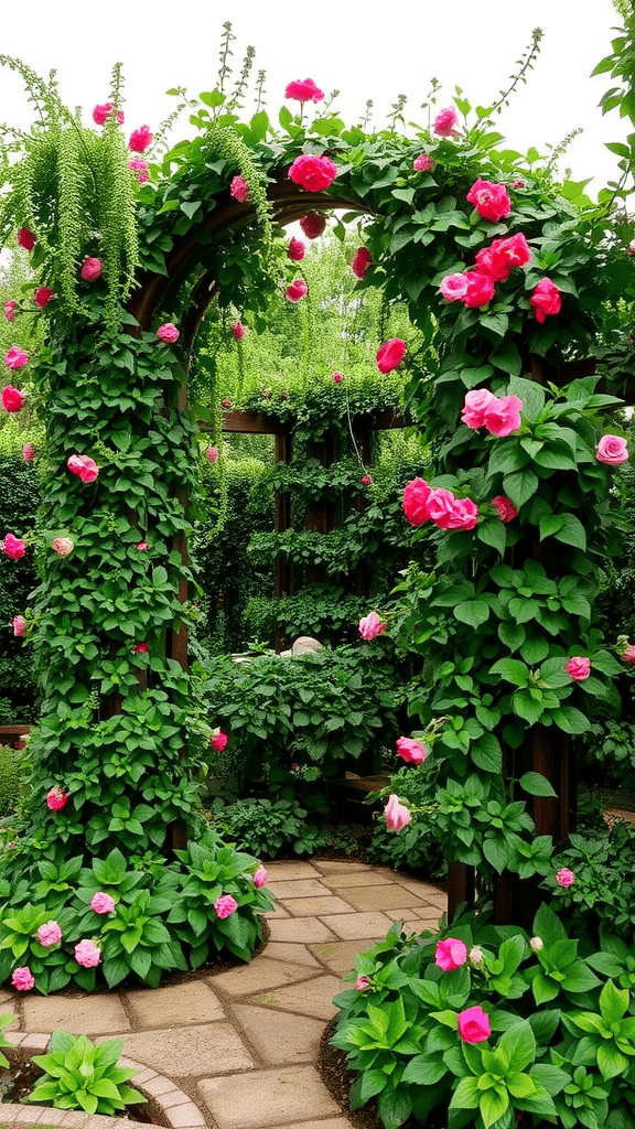 A beautiful garden featuring trellises adorned with pink roses and lush greenery.