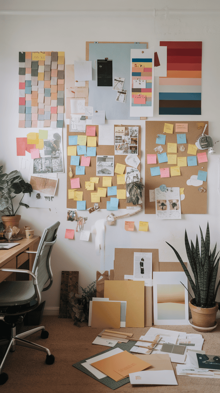 A workspace featuring colorful inspiration boards, sticky notes, and various papers, creating a vibrant and collaborative atmosphere.