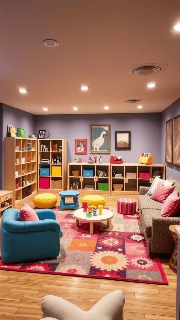 A cozy children's play area with colorful furniture, toys, and a vibrant rug.