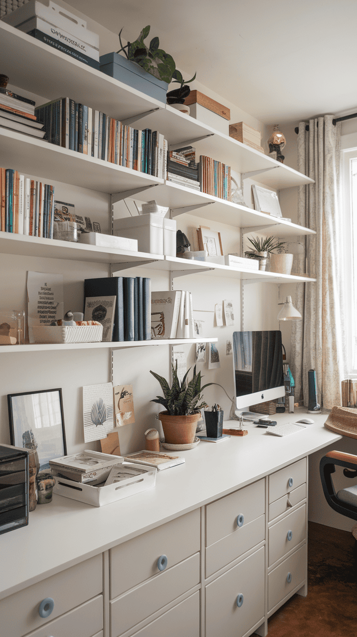 A well-organized room with shelves displaying books, storage boxes, and decorative items.