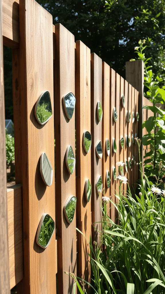 A wooden fence adorned with various shaped mirrors reflecting nature.