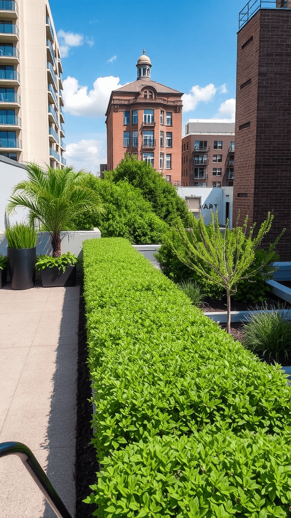 A vibrant green hedge in an urban setting with buildings in the background.