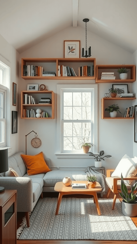 A cozy vintage tiny house living room featuring creative wall storage solutions with open shelves.