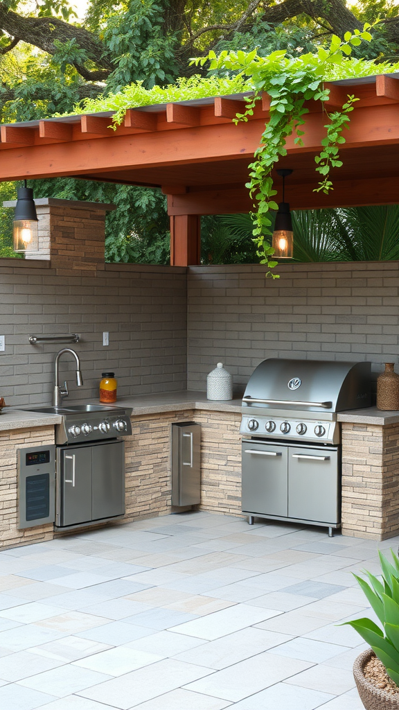 Outdoor kitchen with grill, sink, and countertop surrounded by greenery.