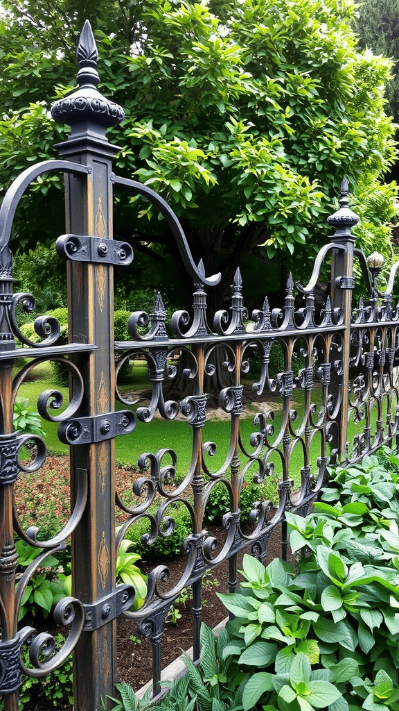 A decorative iron fence with intricate designs and greenery in the background.