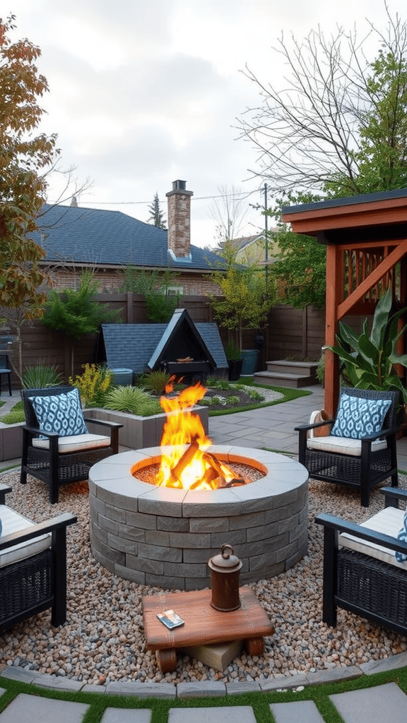 A beautifully designed fire pit surrounded by comfortable seating in a garden setting.