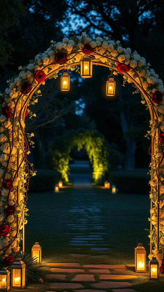 A decorative garden arch adorned with lanterns, creating a warm and inviting nighttime ambiance.