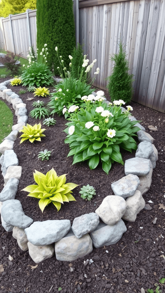 A garden with a decorative stone border featuring various plants and flowers.