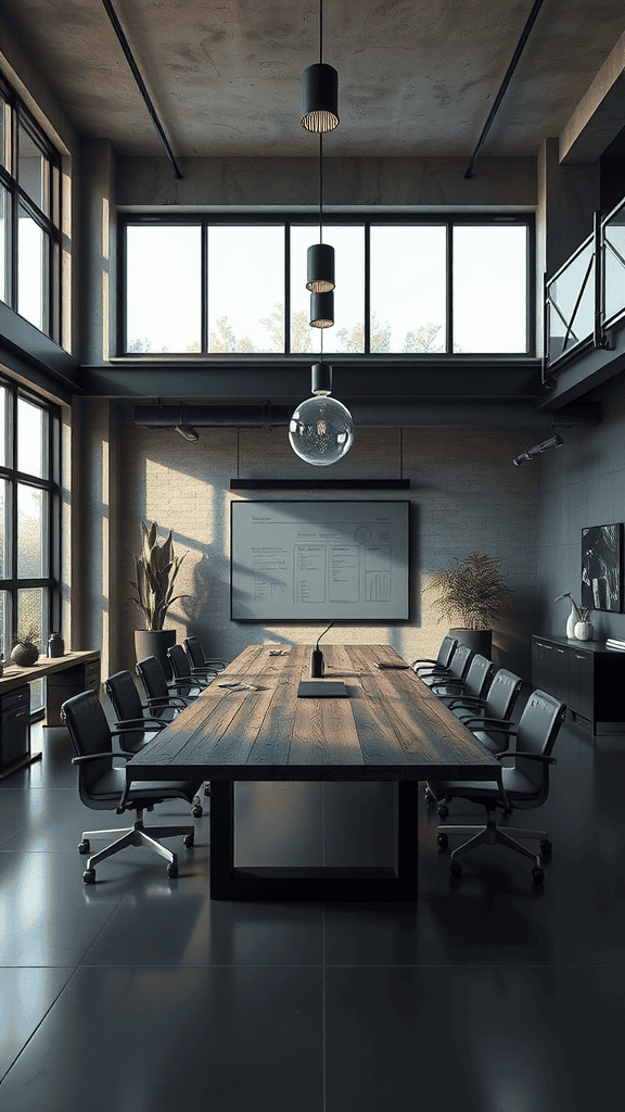 A modern meeting room with a large wooden table, black chairs, and large windows letting in natural light.