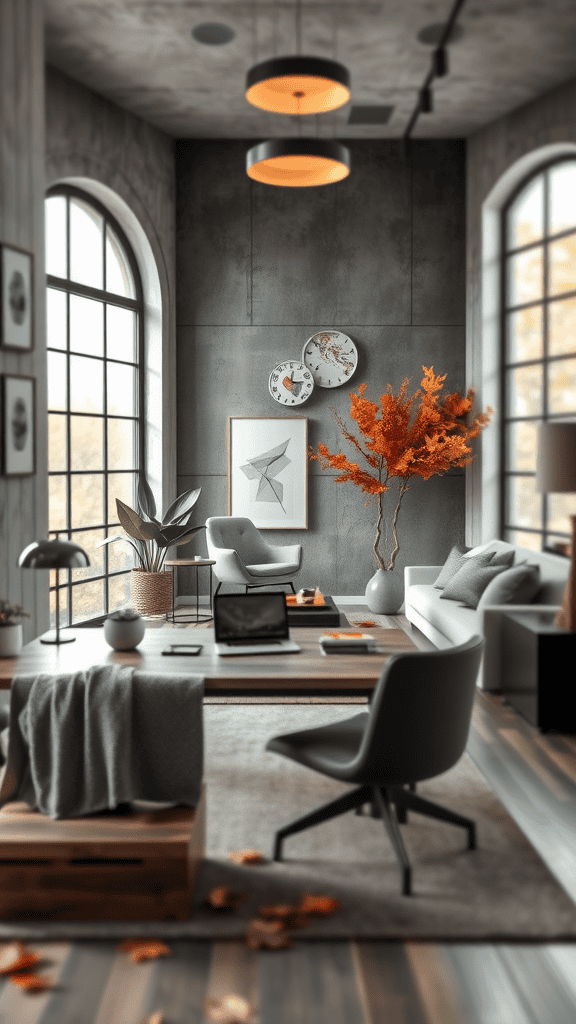 A stylish modern room decorated for autumn with warm colors, plants, and cozy furniture.