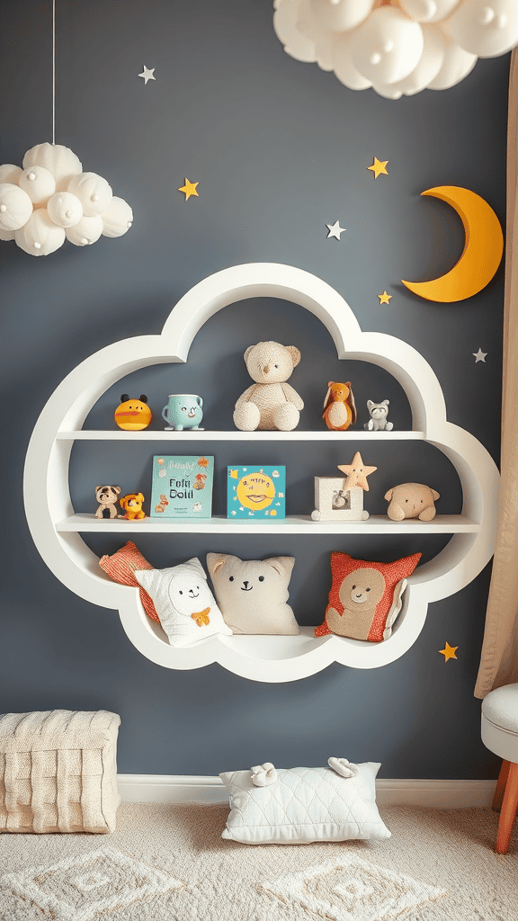 A cloud-shaped shelf filled with plush toys and children's books, surrounded by stars and a moon on a blue wall.