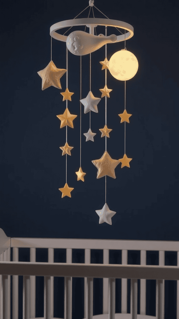 A decorative mobile featuring stars and a moon, hanging above a crib, set against a dark background.