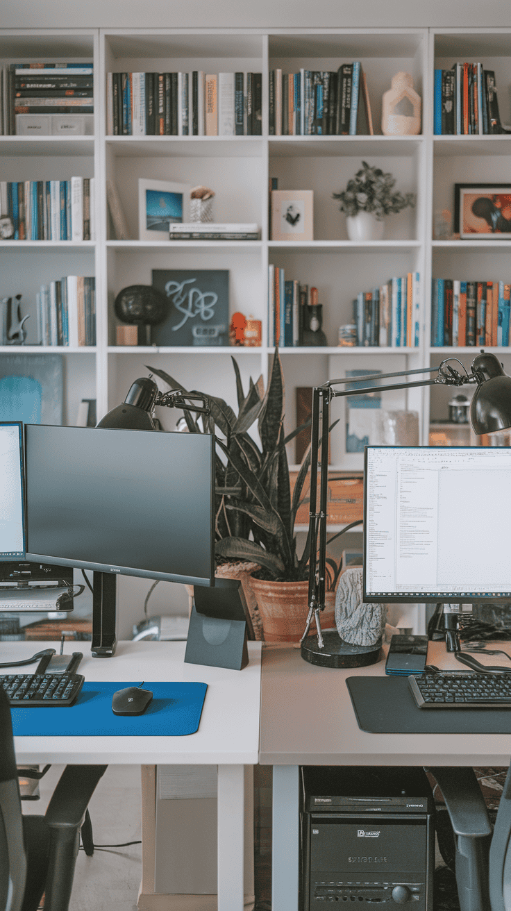 A workspace featuring dual monitors, keyboards, and a bookshelf in the background.