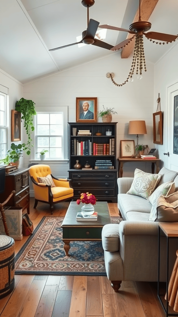 A charming vintage tiny house living room featuring eclectic decor with a mix of old and new elements.