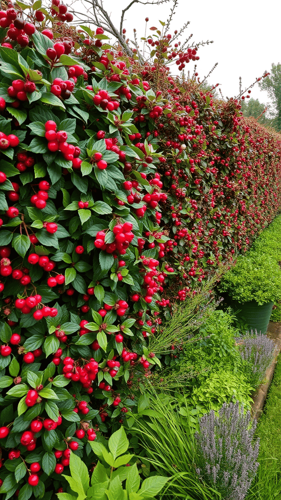 A lush hedge filled with red berries and various herbs