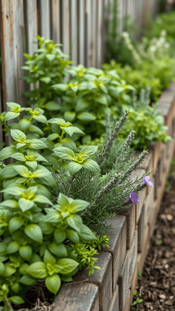 A lush herb garden featuring basil, rosemary, and other greens along a wooden fence.