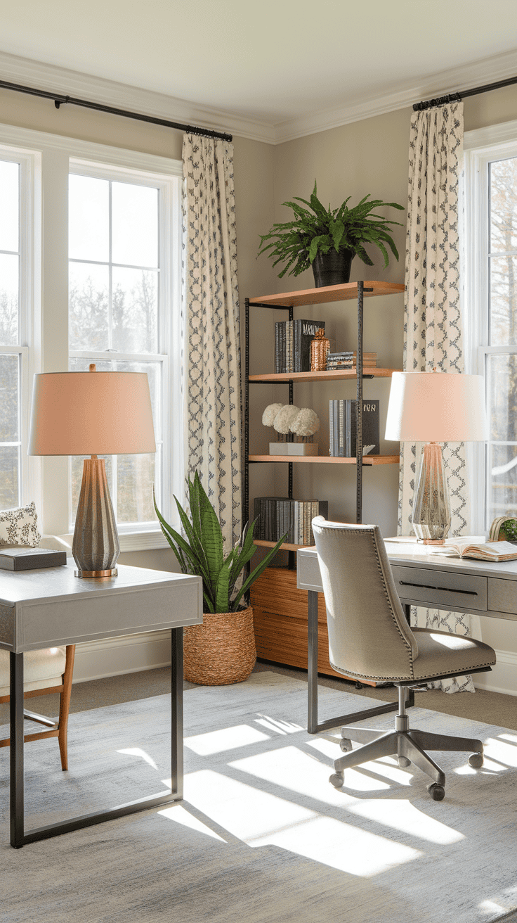 A well-lit joint workspace featuring two desks, plants, and decorative items.