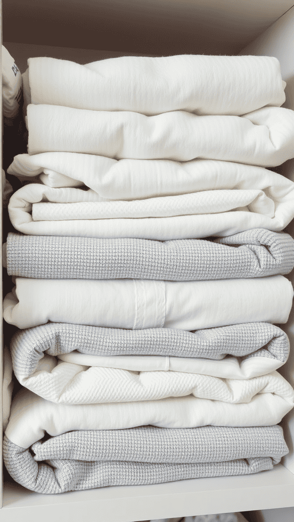 Neatly folded swaddling blankets in neutral tones stacked on a shelf.