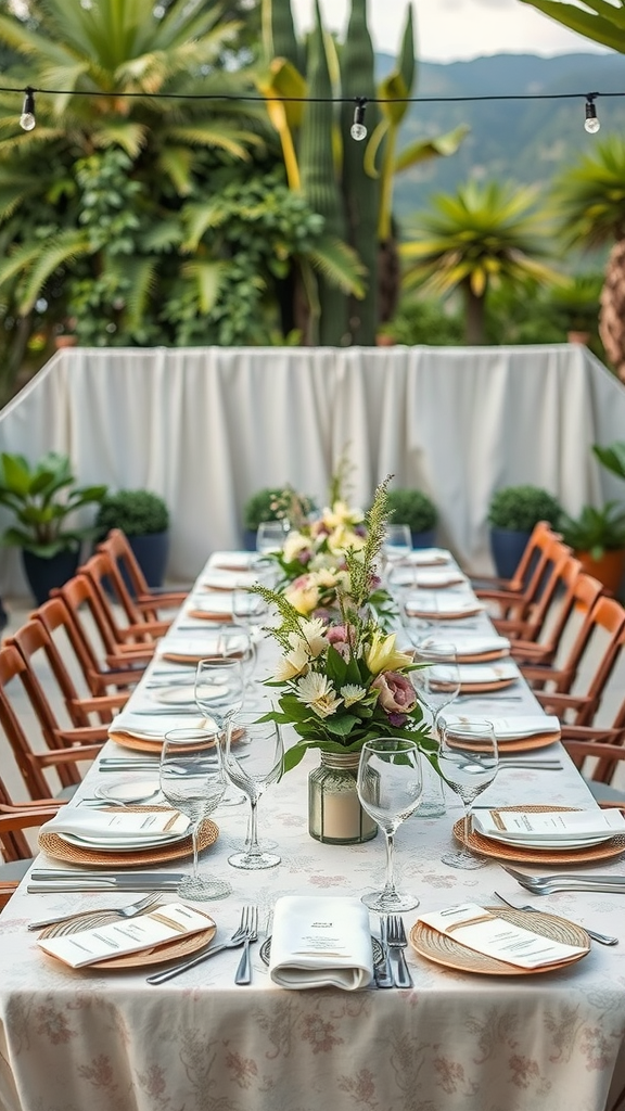 A beautifully set outdoor table with watercolor table settings and fresh flowers.