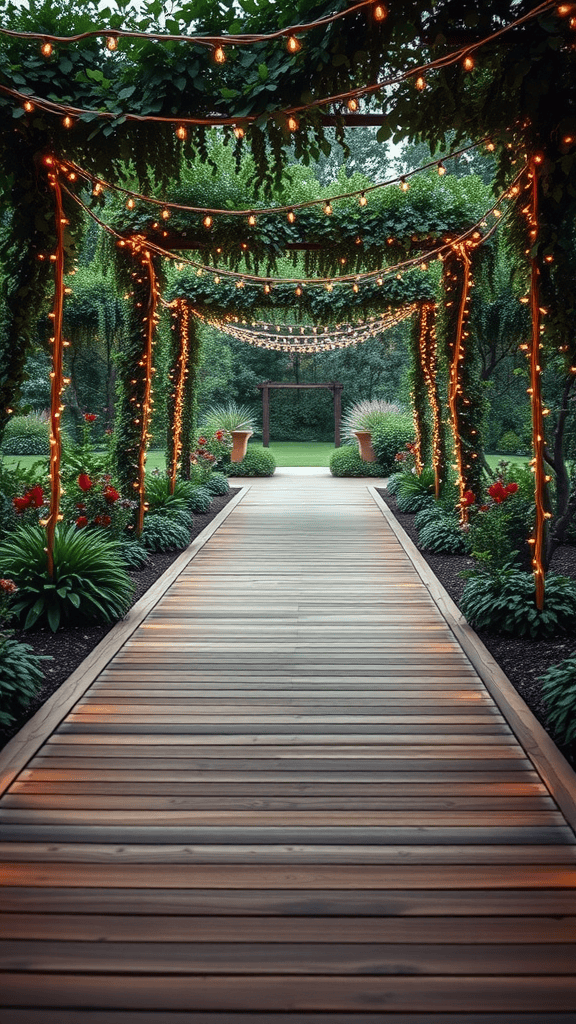 Wooden walkway surrounded by greenery and lights.