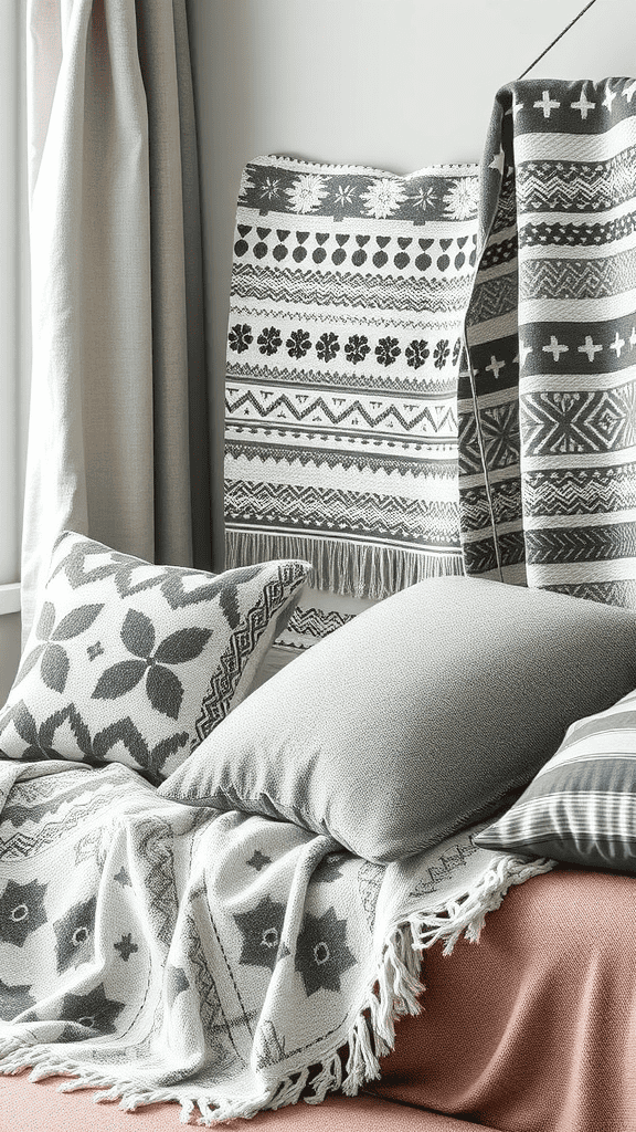 A collection of textiles featuring playful patterns, including pillows and blankets in shades of gray and white.