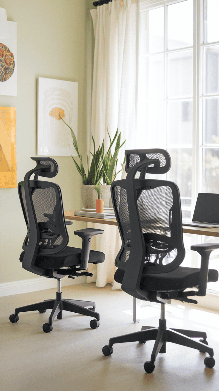 A modern workspace featuring two ergonomic chairs at a desk, with large windows and plants in the background.