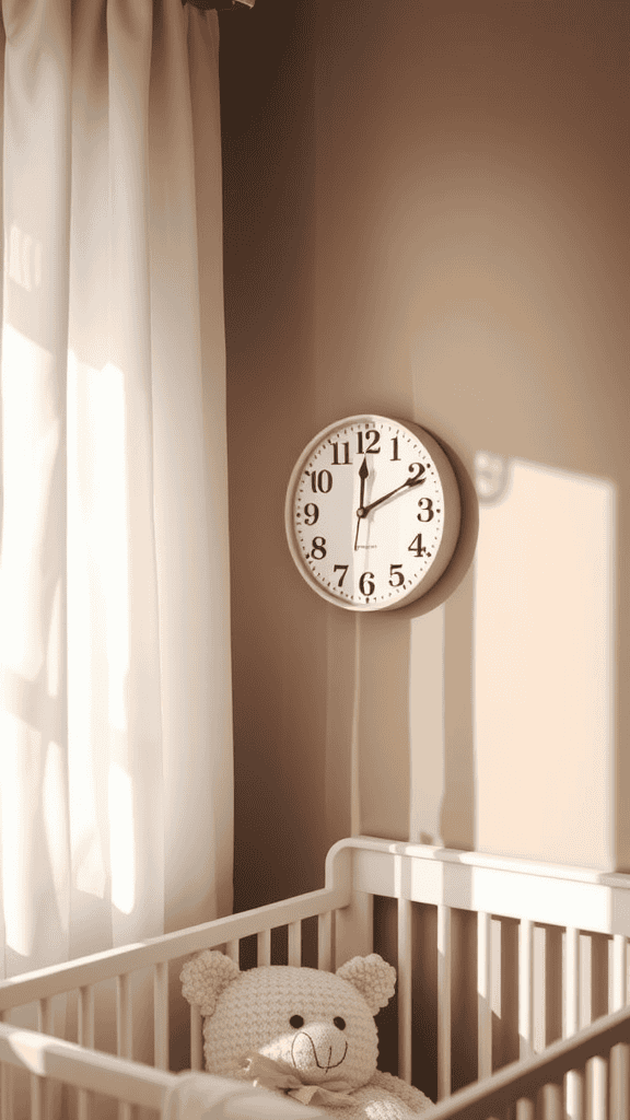 A simple wall clock with a white face and black numbers, hanging in a softly lit nursery near a teddy bear.