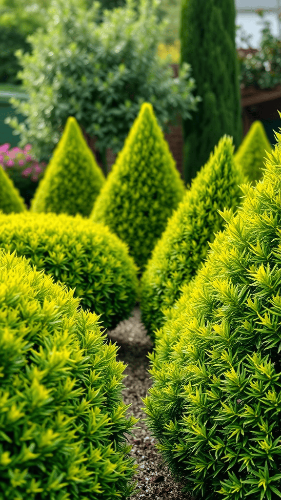 A vibrant garden with neatly trimmed low-maintenance hedges.