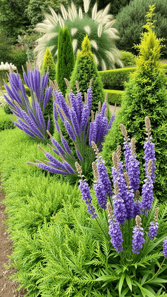 Colorful garden with purple flowers and green shrubs.