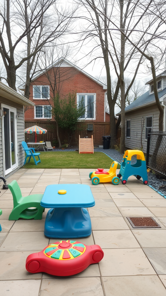 Outdoor patio with colorful children's toys, a small table, and a grass area.