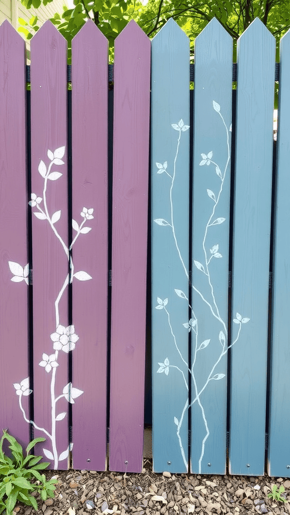 Colorful fence panels with white nature-themed stencils