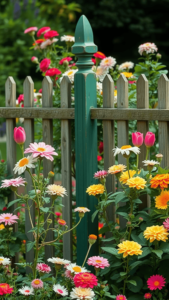 Colorful flowers blooming alongside a green wooden fence.